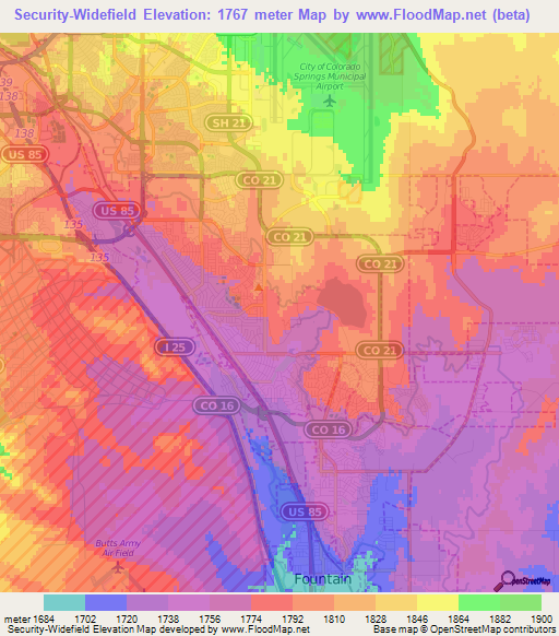 Security-Widefield,US Elevation Map