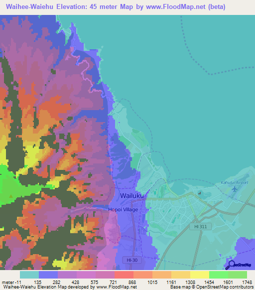 Waihee-Waiehu,US Elevation Map