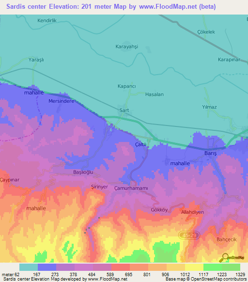 Sardis center,Turkey Elevation Map