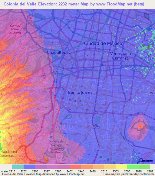 Colonia del Valle,Mexico Elevation Map