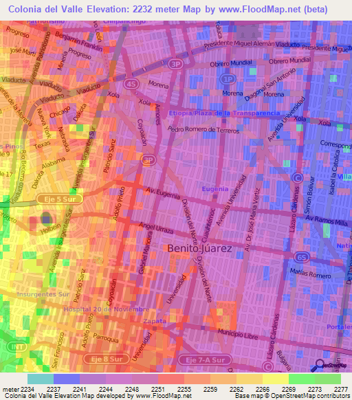 Colonia del Valle,Mexico Elevation Map