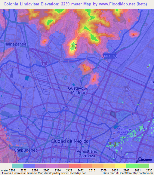 Colonia Lindavista,Mexico Elevation Map