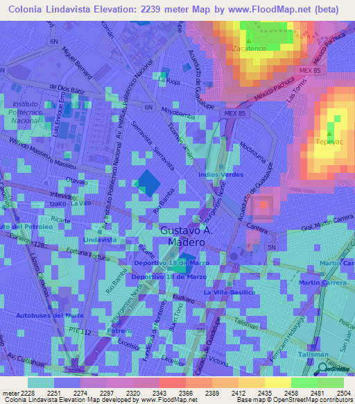 Colonia Lindavista,Mexico Elevation Map