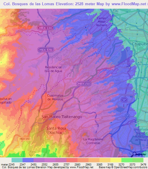 Col. Bosques de las Lomas,Mexico Elevation Map