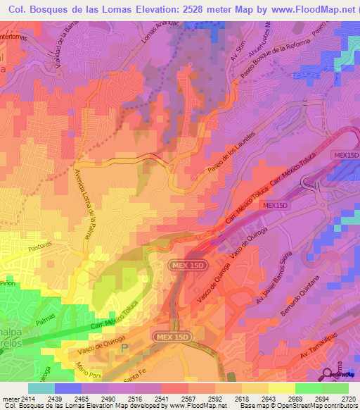 Col. Bosques de las Lomas,Mexico Elevation Map