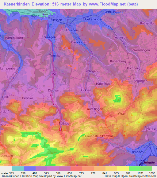 Kaenerkinden,Switzerland Elevation Map