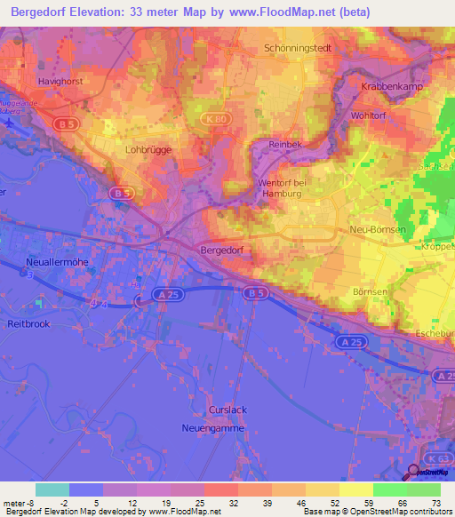 Bergedorf,Germany Elevation Map