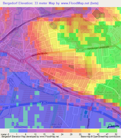 Bergedorf,Germany Elevation Map