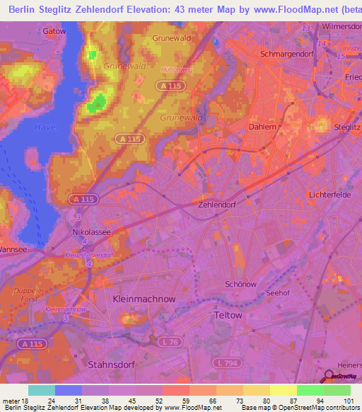 Berlin Steglitz Zehlendorf,Germany Elevation Map