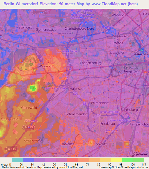 Berlin Wilmersdorf,Germany Elevation Map