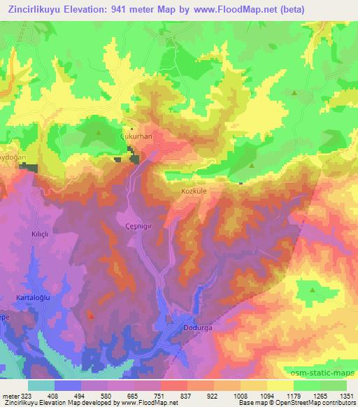 Zincirlikuyu,Turkey Elevation Map