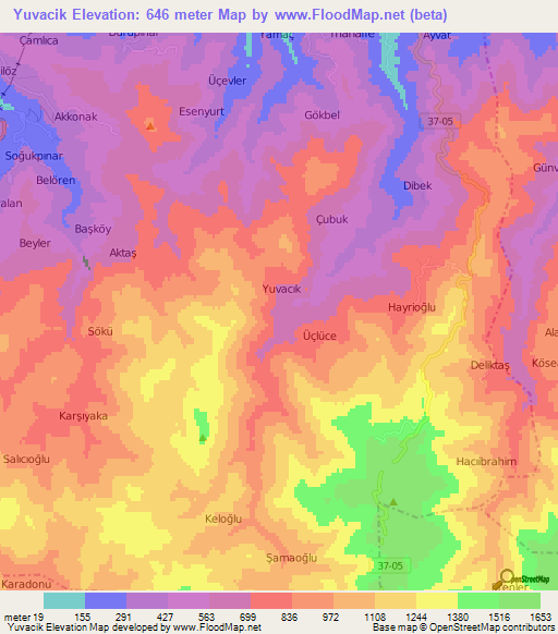 Yuvacik,Turkey Elevation Map