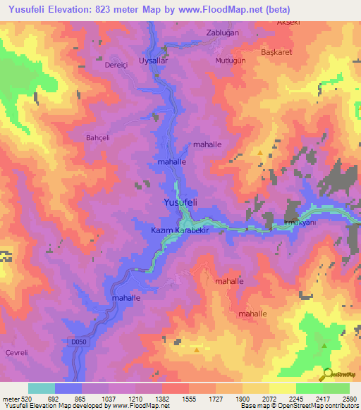 Yusufeli,Turkey Elevation Map