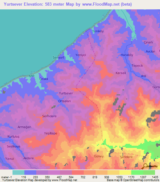 Yurtsever,Turkey Elevation Map