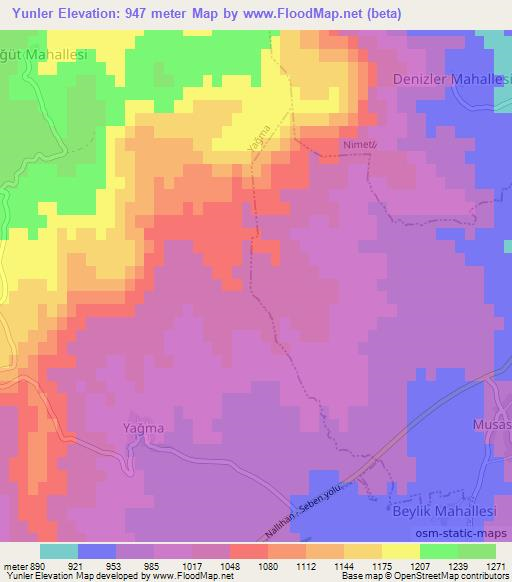 Yunler,Turkey Elevation Map