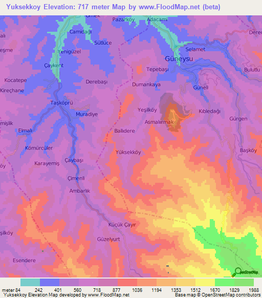 Yuksekkoy,Turkey Elevation Map