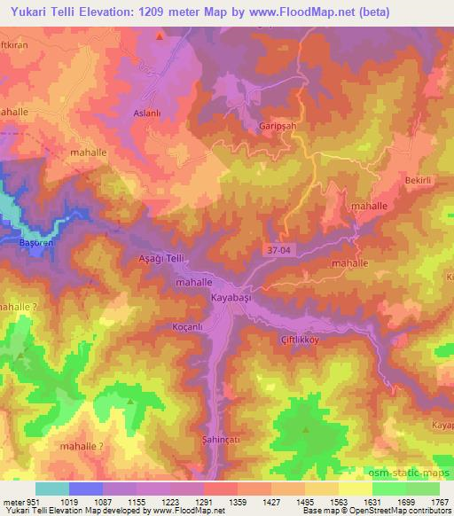 Yukari Telli,Turkey Elevation Map