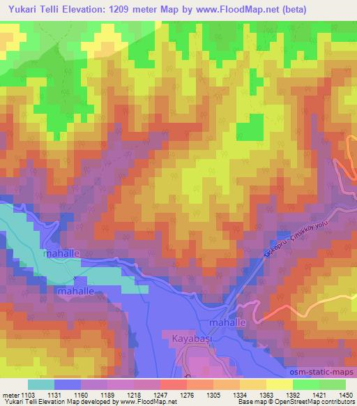 Yukari Telli,Turkey Elevation Map