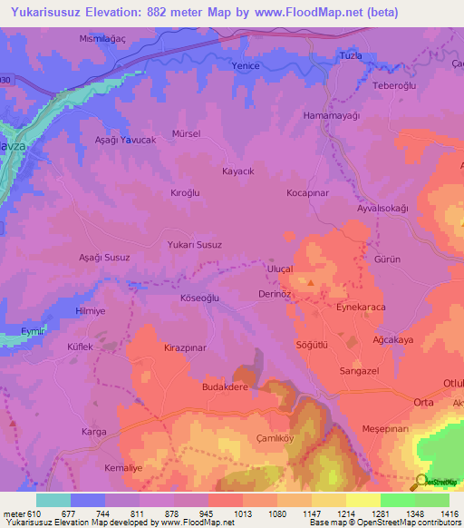 Yukarisusuz,Turkey Elevation Map