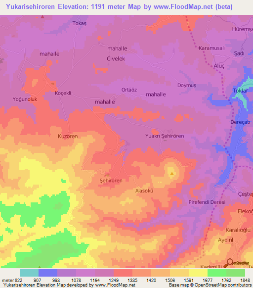 Yukarisehiroren,Turkey Elevation Map