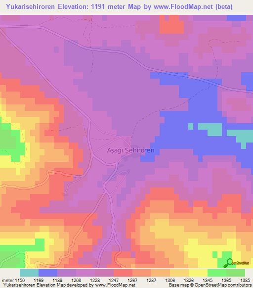 Yukarisehiroren,Turkey Elevation Map