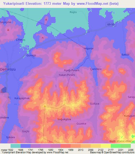 Yukaripinarli,Turkey Elevation Map