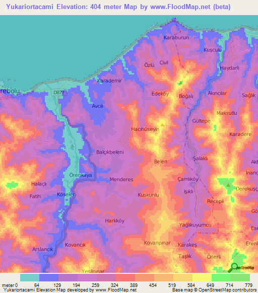 Yukariortacami,Turkey Elevation Map