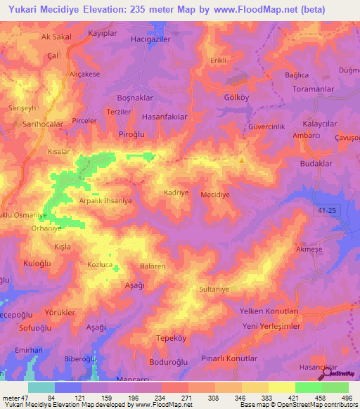 Yukari Mecidiye,Turkey Elevation Map