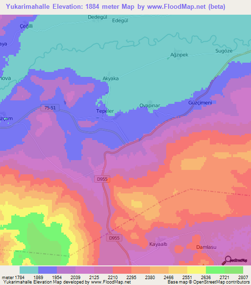 Yukarimahalle,Turkey Elevation Map