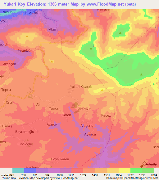 Yukari Koy,Turkey Elevation Map