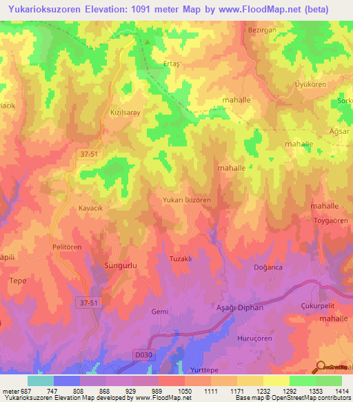 Yukarioksuzoren,Turkey Elevation Map