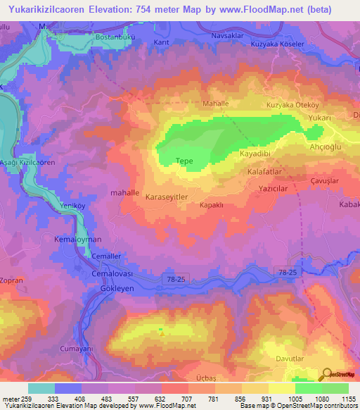 Yukarikizilcaoren,Turkey Elevation Map