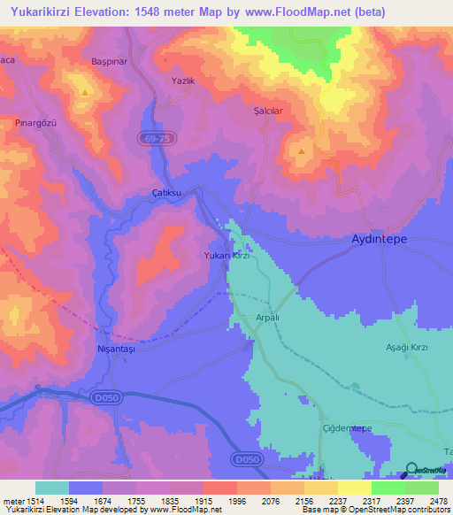 Yukarikirzi,Turkey Elevation Map