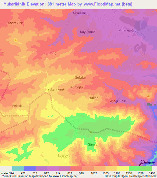 Yukarikinik,Turkey Elevation Map