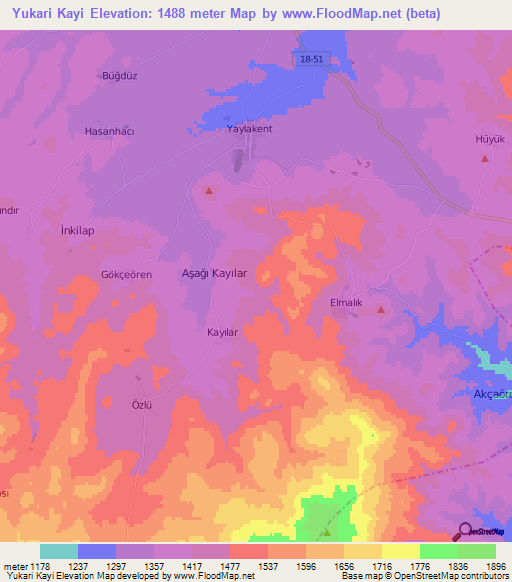 Yukari Kayi,Turkey Elevation Map