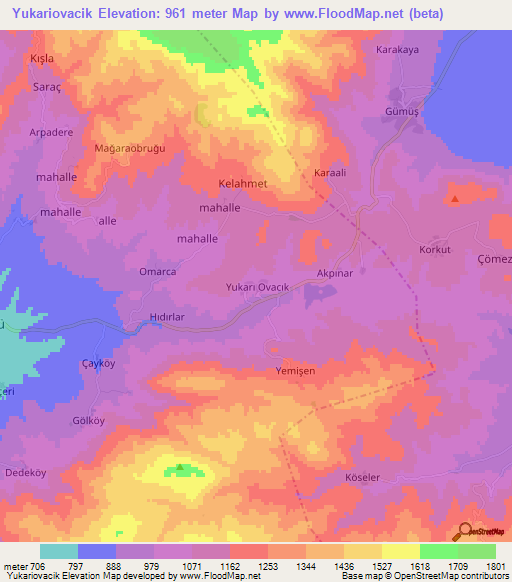 Yukariovacik,Turkey Elevation Map