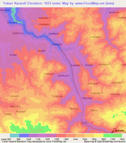 Yukari Karandi,Turkey Elevation Map