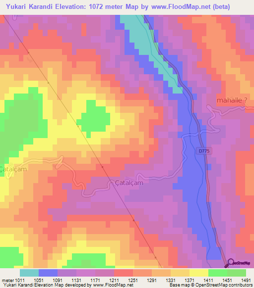 Yukari Karandi,Turkey Elevation Map