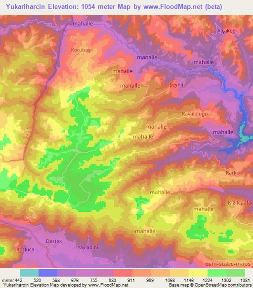 Yukariharcin,Turkey Elevation Map