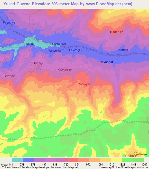 Yukari Guvenc,Turkey Elevation Map