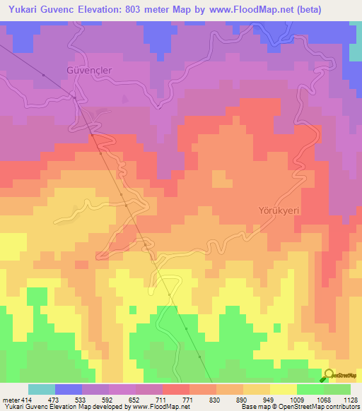 Yukari Guvenc,Turkey Elevation Map