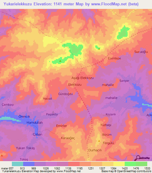 Yukarielekkuzu,Turkey Elevation Map