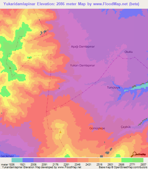 Yukaridamlapinar,Turkey Elevation Map