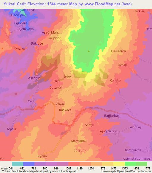 Yukari Cerit,Turkey Elevation Map