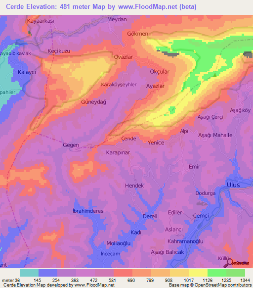 Cerde,Turkey Elevation Map