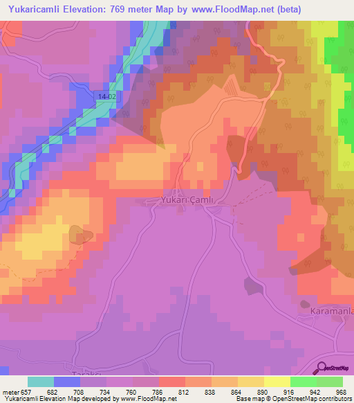 Yukaricamli,Turkey Elevation Map