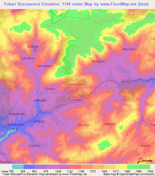 Yukari Bozcaarmut,Turkey Elevation Map