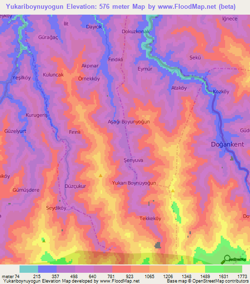 Yukariboynuyogun,Turkey Elevation Map