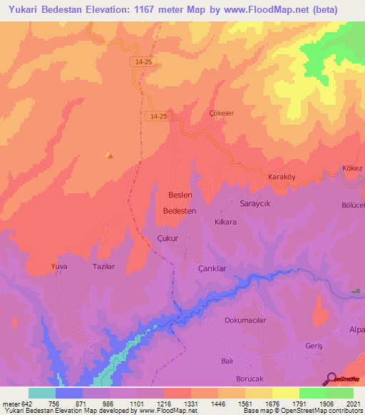 Yukari Bedestan,Turkey Elevation Map