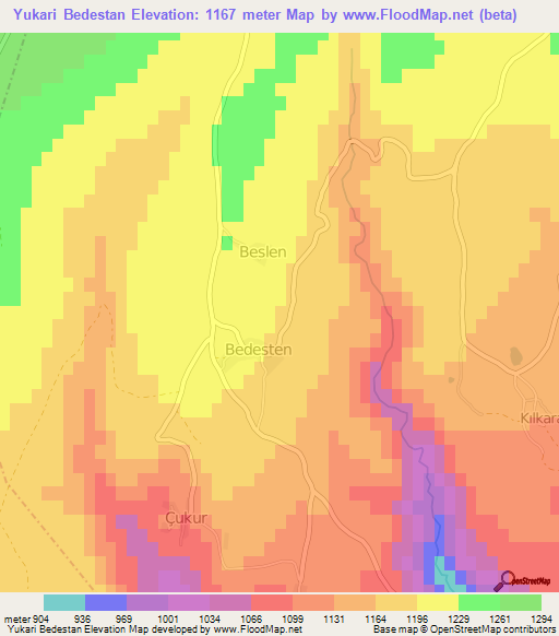 Yukari Bedestan,Turkey Elevation Map